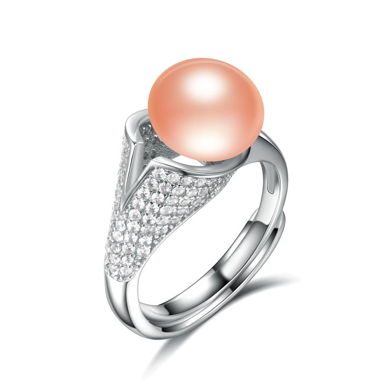 Zircon 9mm Genuine Natural Pearl Ring, 925 Sterling Silver Rings for Women