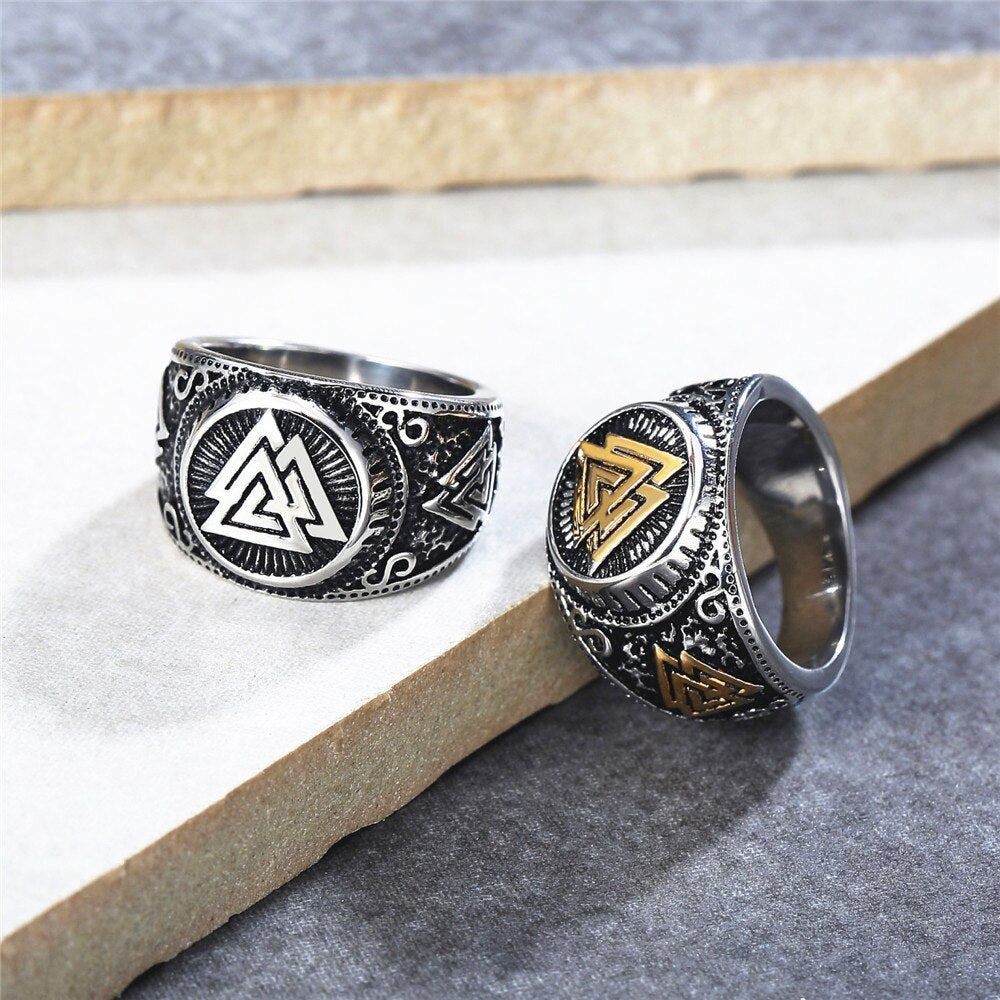 Vintage Viking Valknut Ring For Men Stainless Steel Nordic Odin Triangle Viking Ring