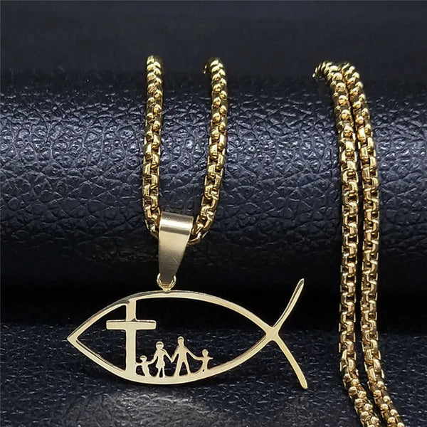 Ichthys Christ Fish Cross Family Pendant Necklace for Women Men