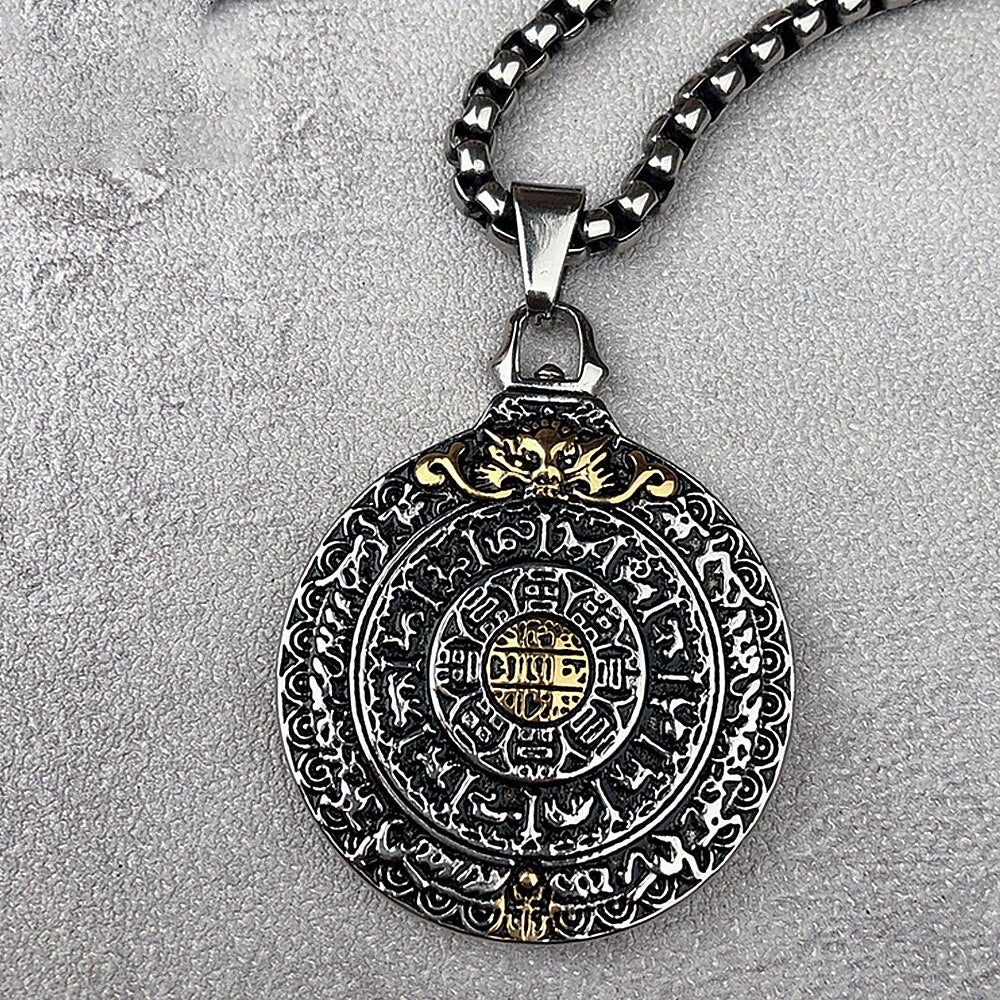 Retro Amulet Nine Palaces Bagua Pendant Stainless Steel Zodiac Men Necklace