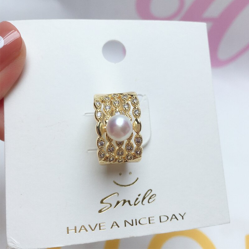 Real Natural Pearl Ring 14K Gold Gild Design Female Open Ring