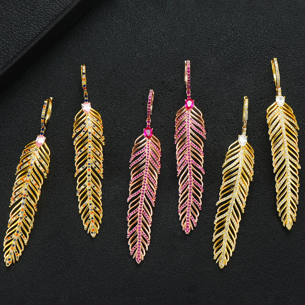 New Design Long Luxury Feather Dangle Earrings for Women Bridal Wedding Party Show Earrings