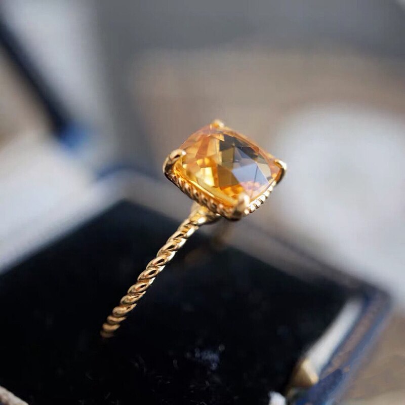 Three-dimensional design silver inlaid citrine square adjustable ring