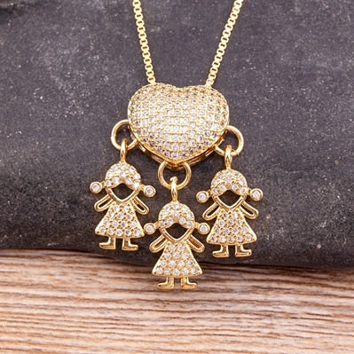 Hot Sale Son Daughter Heart Gold Color Cubic Zirconia Family Girl Boy Pendant Necklace