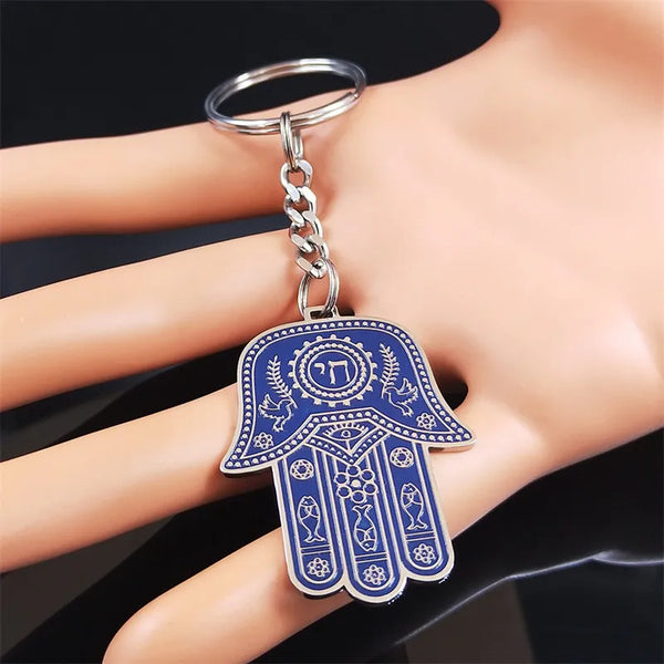 Stainless Steel Blue Silver Color Hamsa Hand Fish Eyes Keychain