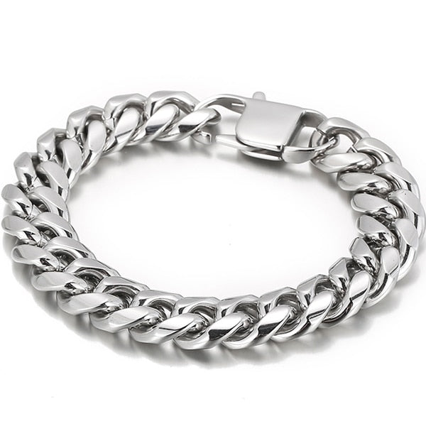 14MM Cuban Chain On Hand Bracelet Man Solid Polished Stainless Steel Curb Cuban Link Men's Bracelets