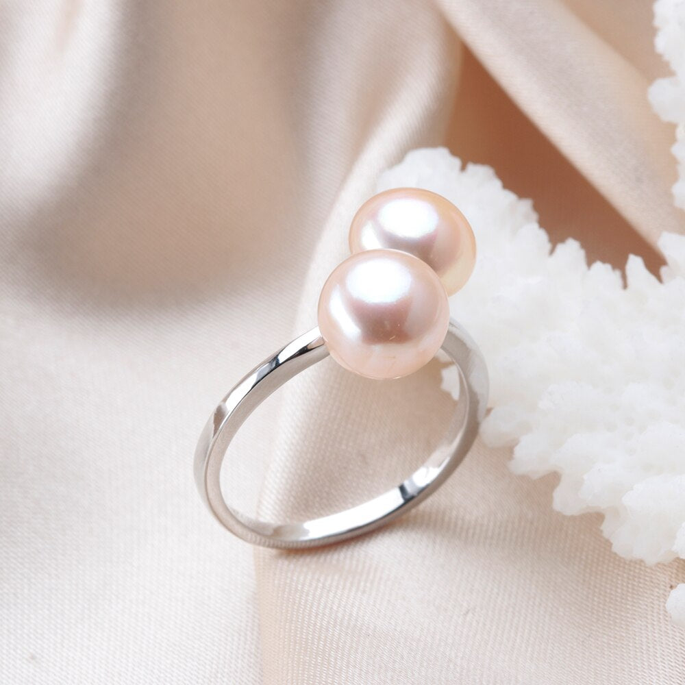 Fashion Simple Double Natural Freshwater Pearls 925 Silver Open Finger Ring