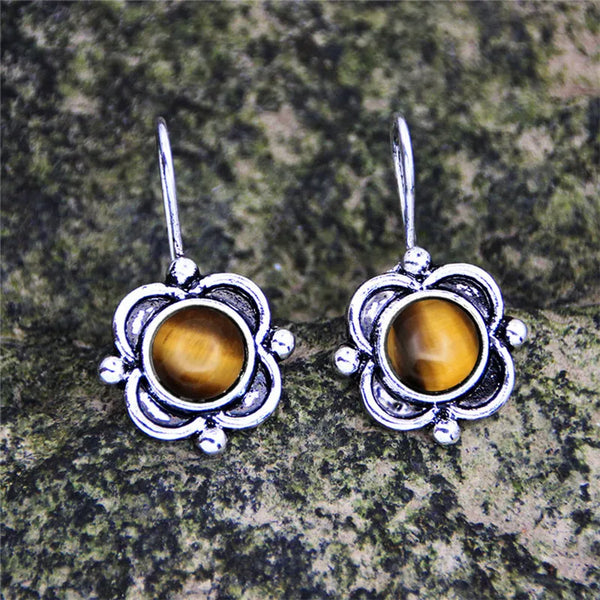 Vintage Flower Natural Tiger Eye Earrings For Women