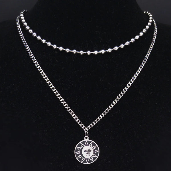 2pcs Witchcraft Sun Moon Stainless Steel Layered Necklace for Women Silver Color Necklace