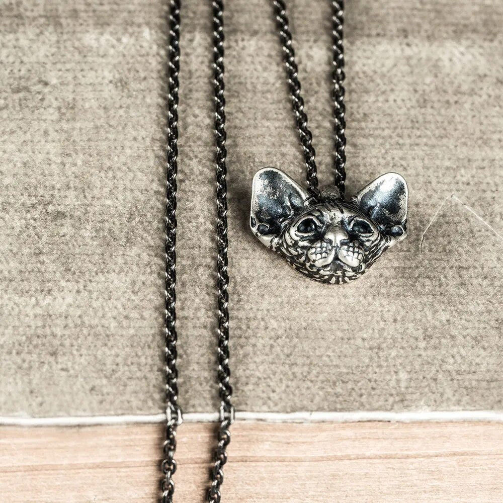 925 Sterling Silver Sphinx hairless Siamese Cat With Blue Eyes Pendant Necklace For Men Women