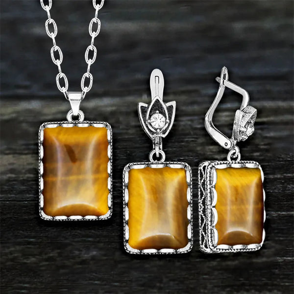 Vintage Square Natural Tiger Eye Set For Women Anstique Silver Plated Flower Pendant