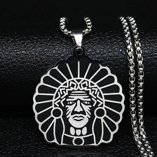 Indian Chief Primal Tribal Chieftain Stainless Steel Necklace for Men