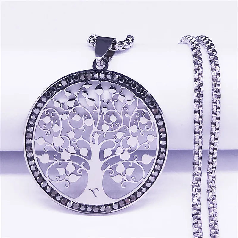 Tree of Life Stainless Steel Necklaces for Men/Wmen Blacke Crystal Pendant Necklace