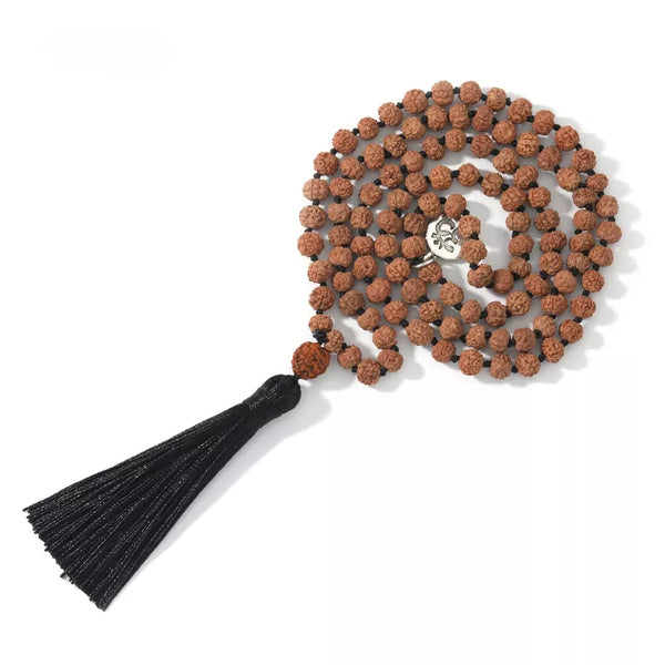 108 Natural Rudraksha Mala Beads Yoga Meditation Tassel Japamala Necklace for Women Pendant