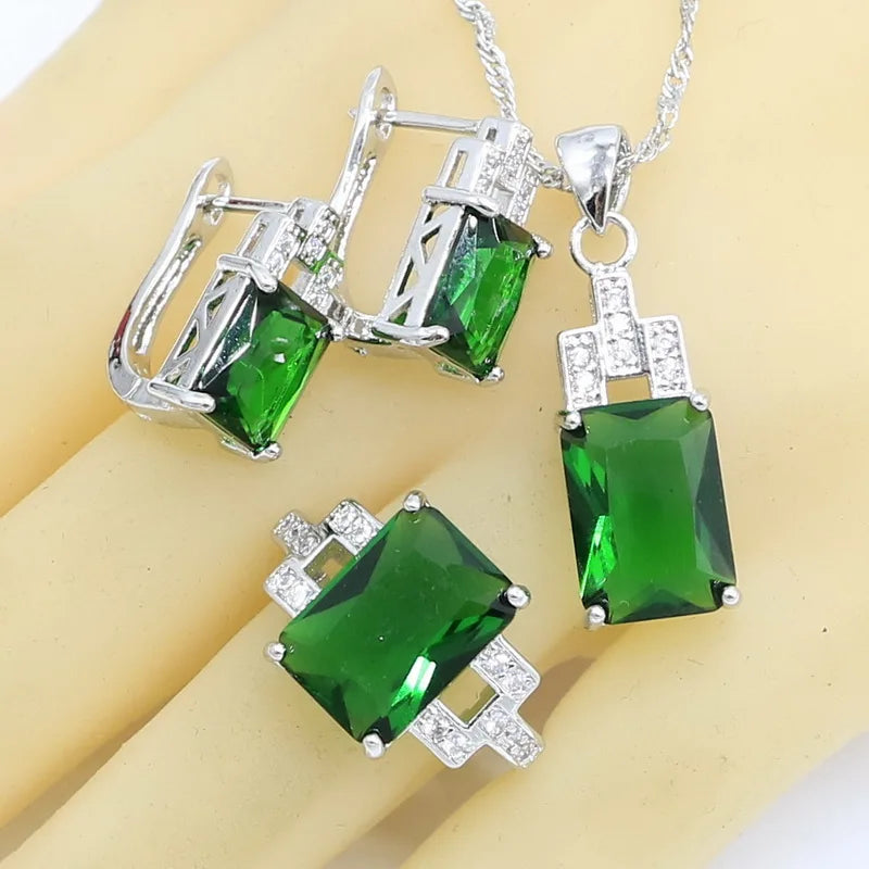 Geometric Green Semi-precious  Silver Color Jewelry Sets for Women