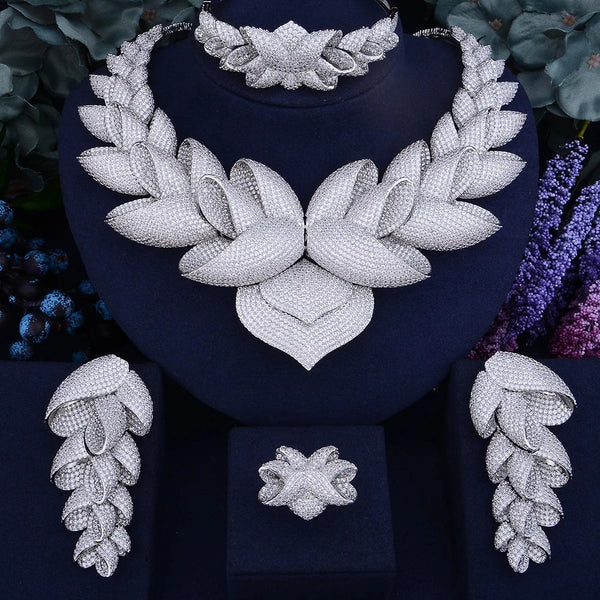 Luxury Lotus Flower Cubic Zirconia African Indian Necklace Earring Set Dubai Nigerian Wedding jewelry sets For Women