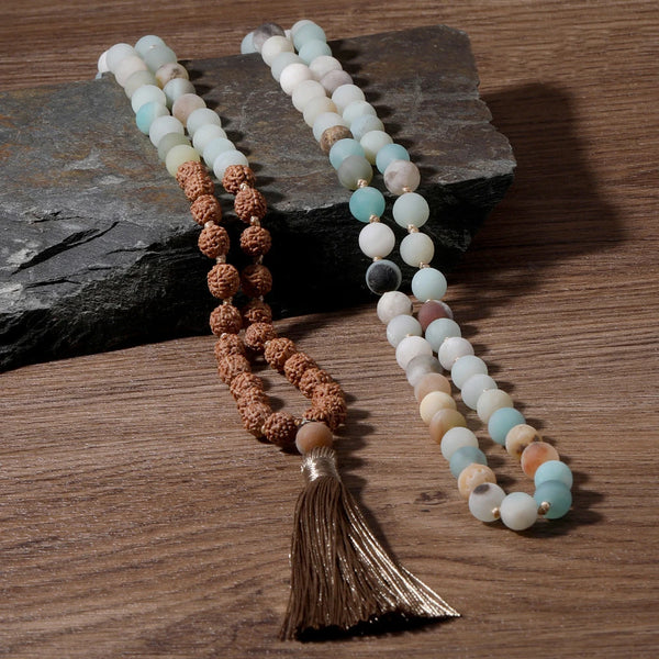 108 Mala Rudraksha & Matte Amazonite Beaded Knotted Necklace