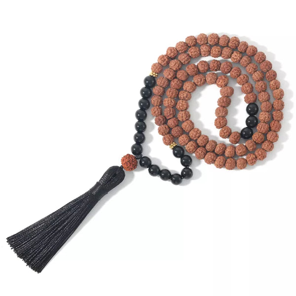 108 Mala Beads Necklace 8MM Black Onyx & Natural Rudraksha Black Tassel Meditation Yoga Blessing