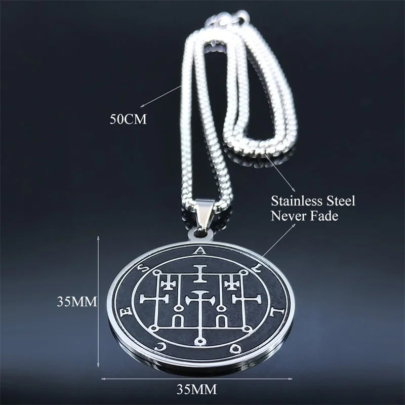 Stainless Steel Black Sigil Necklace Men Goetia Seal of ALLOCES Demon Satan Sigil Patch Pin Necklace