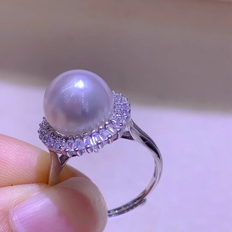 10-11mm Double Zircon High Luster Natural Seawater Pearl Ring For Women