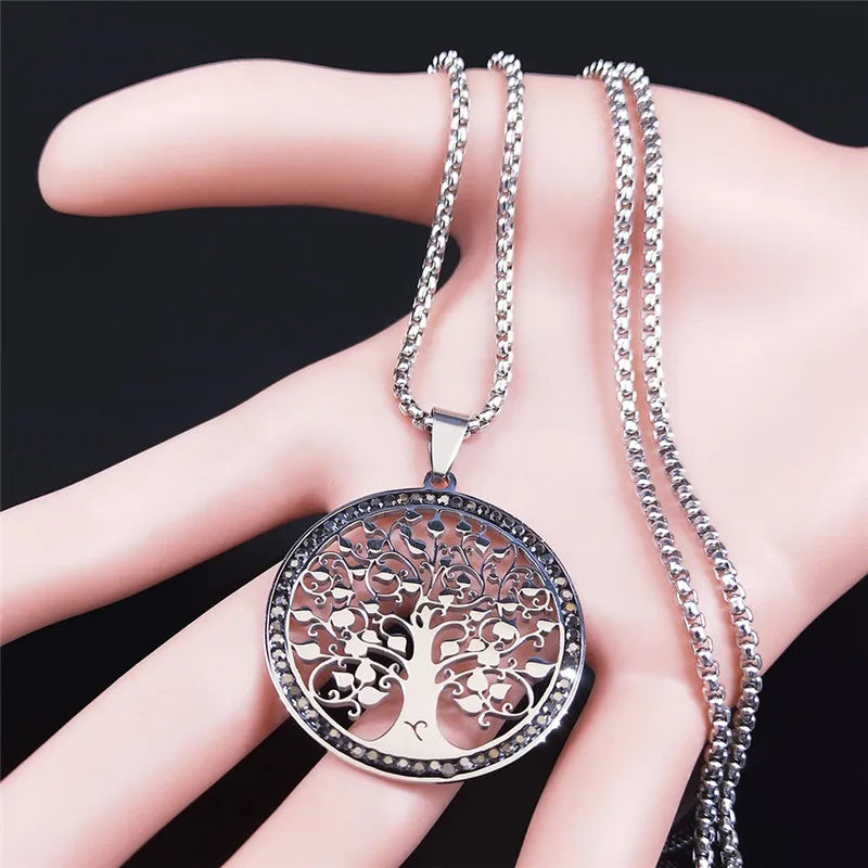 Tree of Life Stainless Steel Necklaces for Men/Wmen Blacke Crystal Pendant Necklace