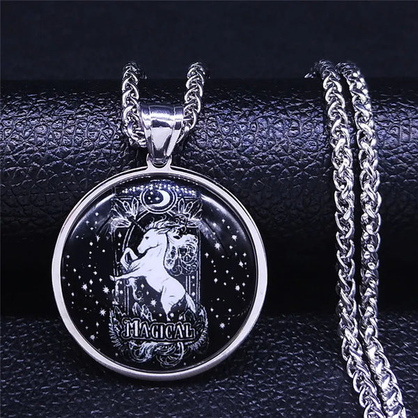 Witchcraft Unicorn Stainless Steel Glass Necklace Women/Men Black Silver Color Long Necklaces