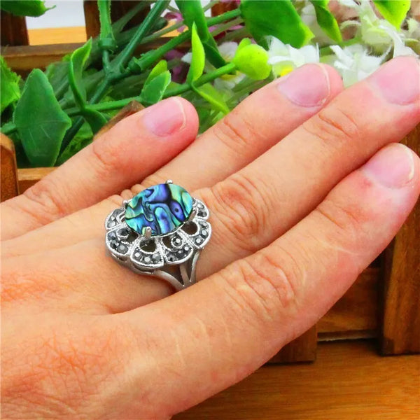 Oval Shell Finger Rings For Women Antique Silver Plated Rhinestone Flower Party Ring