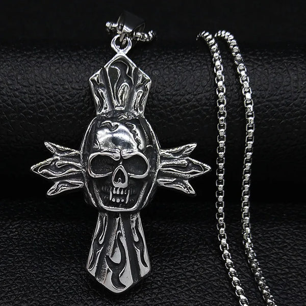 Gothic Skull Cross Stainless Steel Big Necklace Men Silver Color Statement Necklace