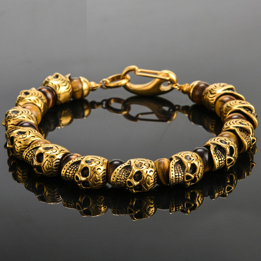 Natural Stone Skull Beads Bracelet Men Gold Plated Stainless Steel Mens Boys Skeleton Bracelets