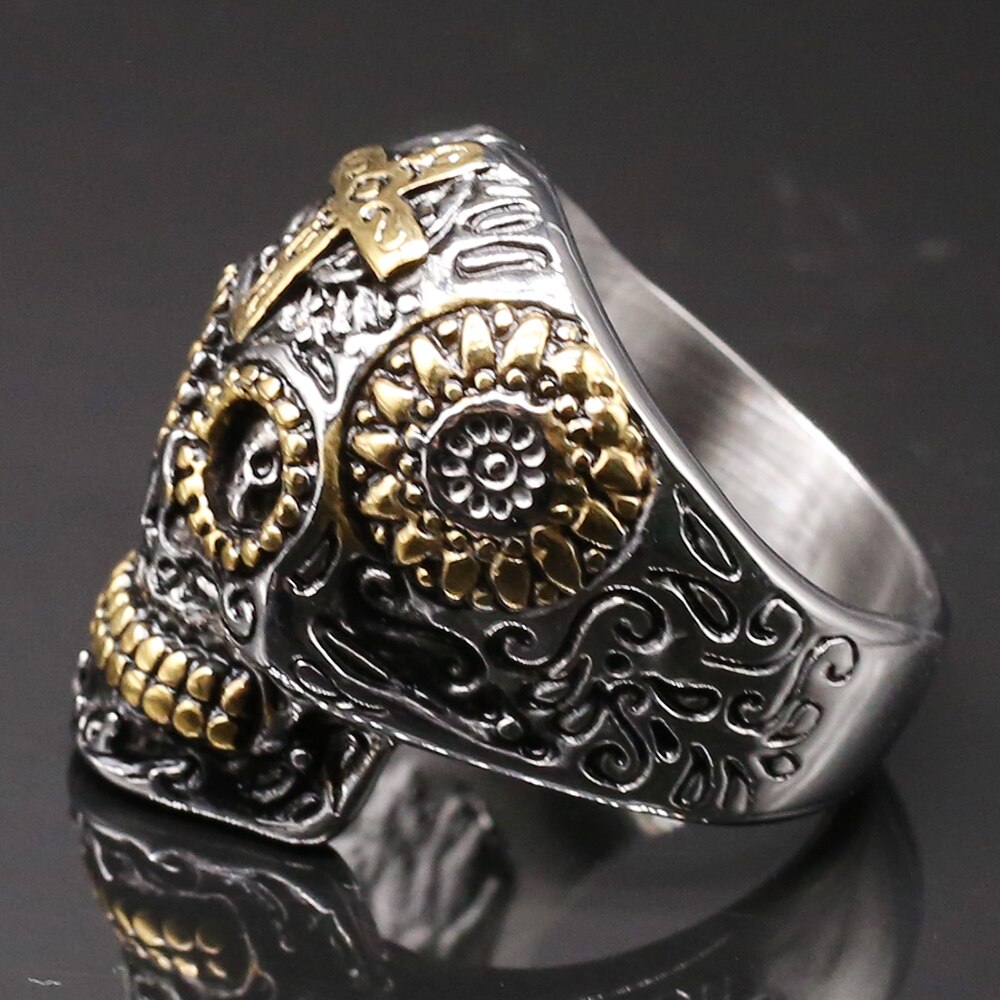 Gothic Gold Color Stainless Steel Skull Catacombs Biker Ring Men