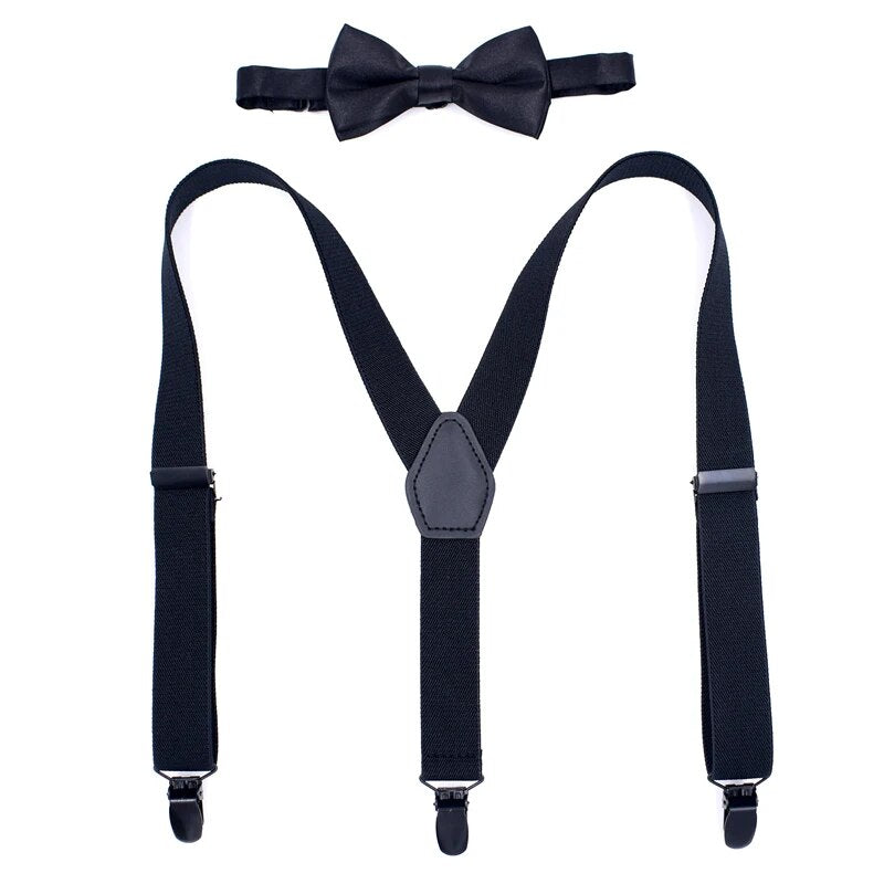 1 inch Kids Suspenders set black leather children suspender bowtie sets