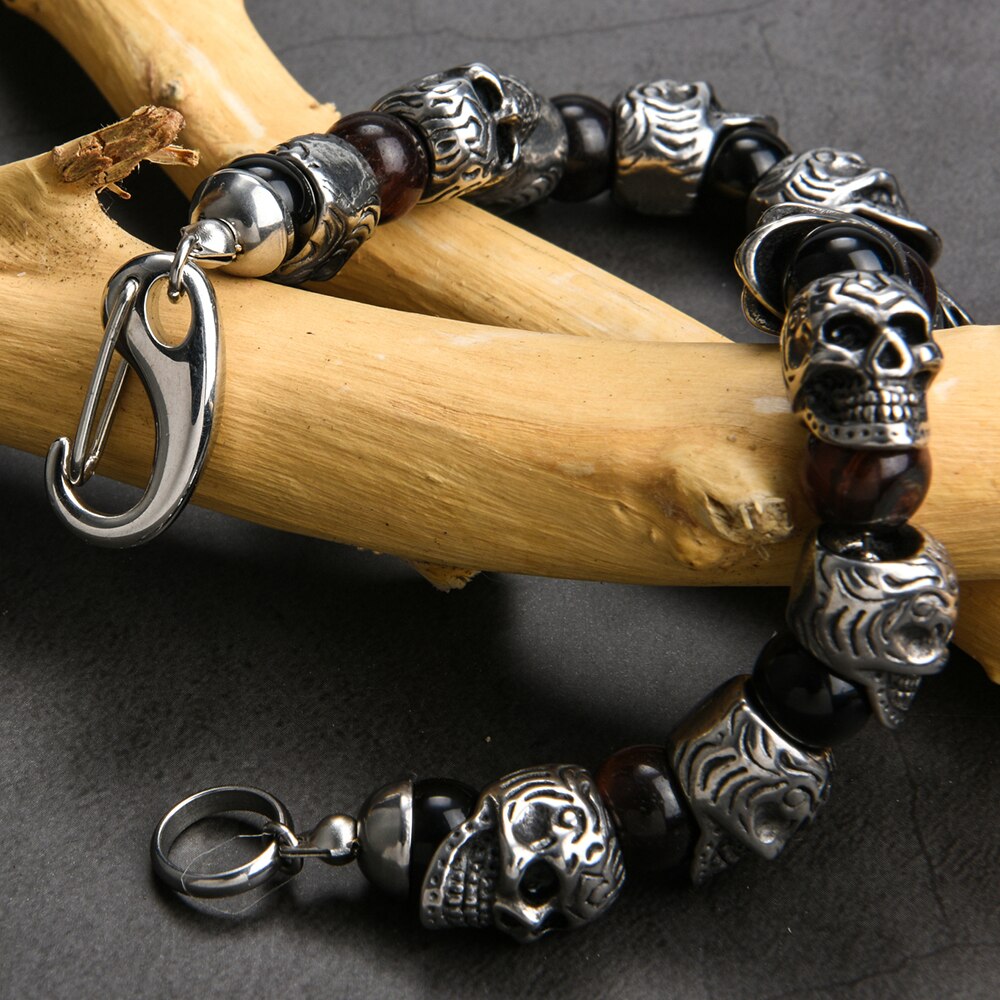 Natural Stone Skull Beads Bracelet Men Gold Plated Stainless Steel Mens Boys Skeleton Bracelets