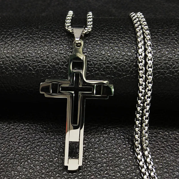 Fashion Cross Stainless Steel Statement Necklace for Men Silver Color Necklaces Pendants