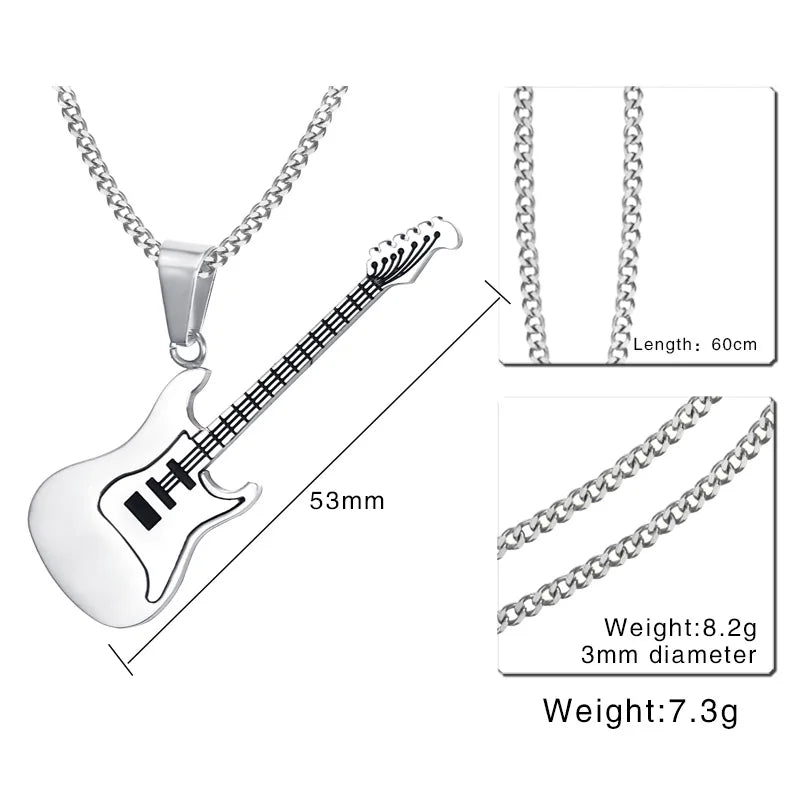 Men Musical Jewelry Stainless Based Rock HipHop Electric Guitar Bass Pendant Necklace for Women