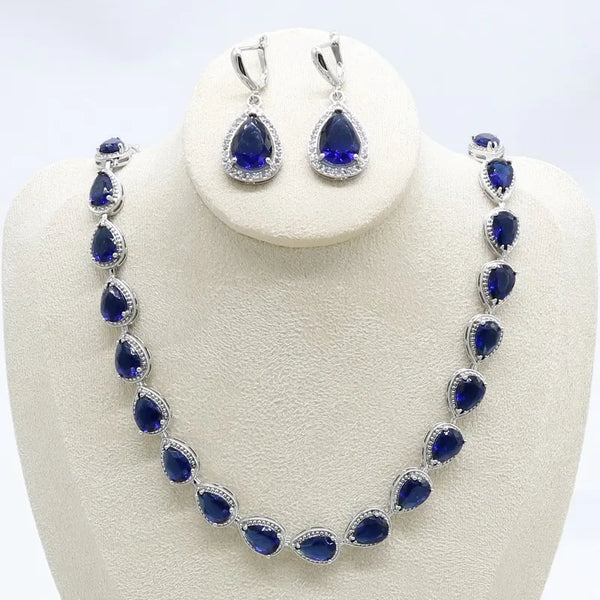 Water Drop Royal Blue Necklace Earrings Women Bridal Jewelry Sets Wedding Gift