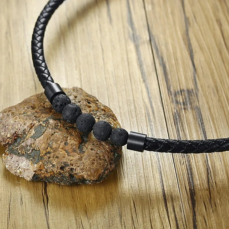 Choker Necklace Men's, Lava Rock Braided Leather Necklaces