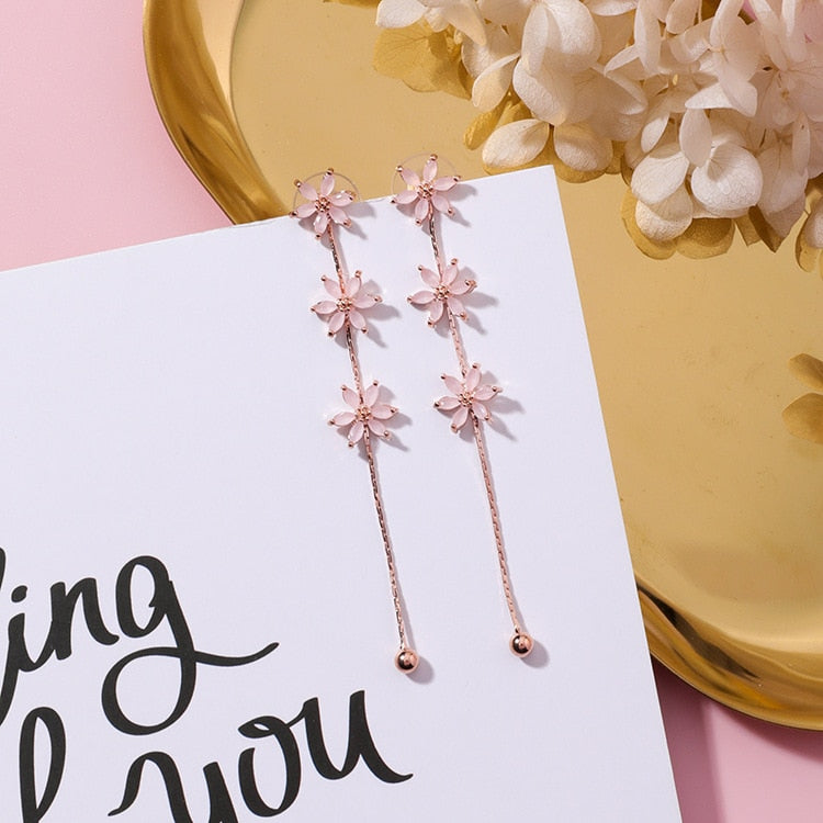 New Korean Elegant Pink Flower Super Long Earrings For Women