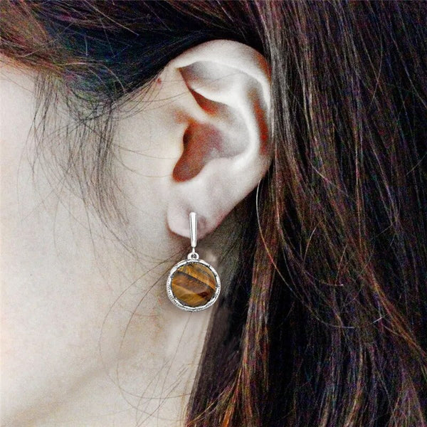 Round Natural Tigers Eye Earrings Antique Silver Plated Vintage Look Earrings