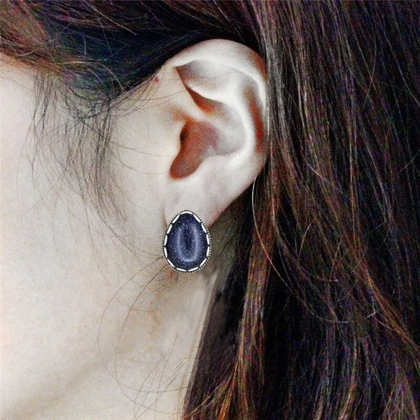 Vintage Drop Sequins Blue Stone Stud Earrings For Women