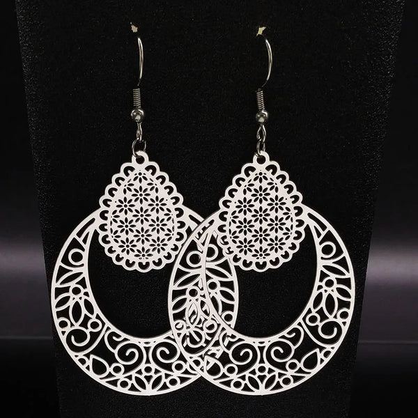 Fashion Hollow Big Stainless Steel Dangle Earrings Women Silver Color Antique Earrings