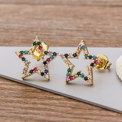 16 Styles Choice Colorful Micro Pave CZ Luxury Gold Color Rainbow Stud Earrings For Women