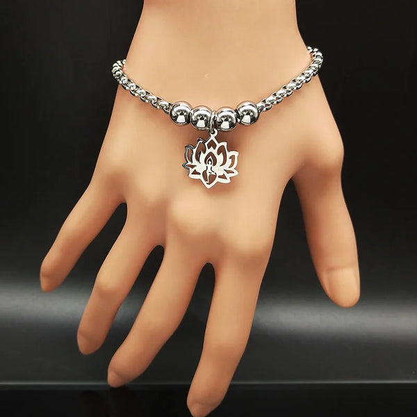 Yoga Lotus Stainless Steel Charm Bracelet Women Silver Color Bead Bracelet