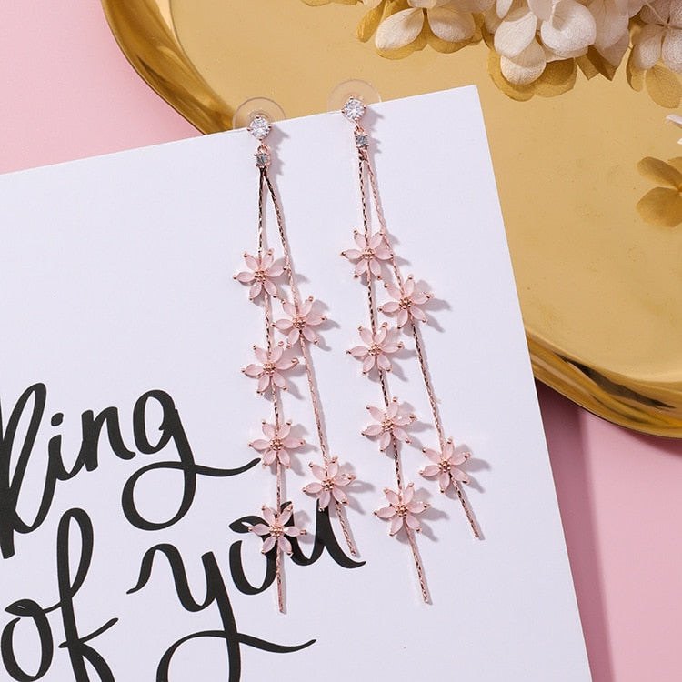 New Korean Elegant Pink Flower Super Long Earrings For Women