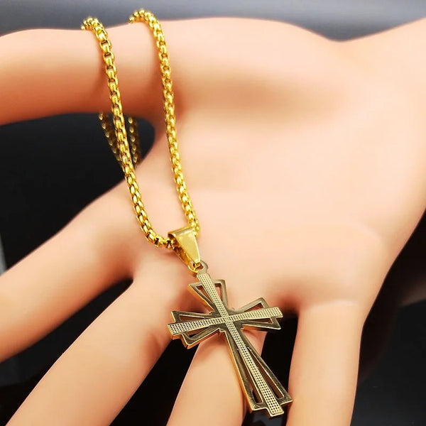 Catholicism Cross Stainless Steel Necklace Men Gold Color Chain Necklaces