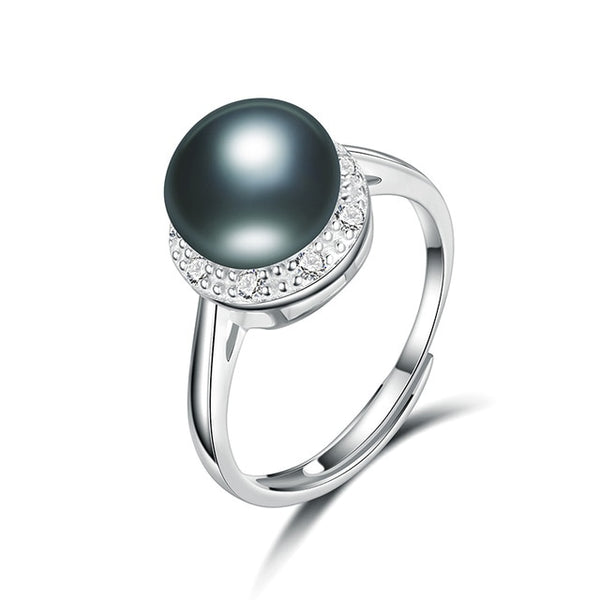 Natural Black Pearl Ring,Zircon Silver Ring, 925 Sterling Silver Women Ring