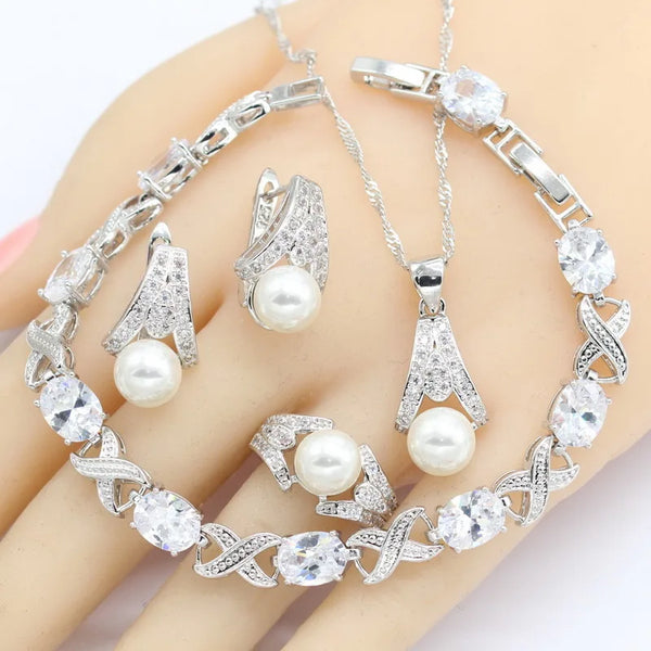 White Freshwater Pearl Silver Color Jewelry Sets Women