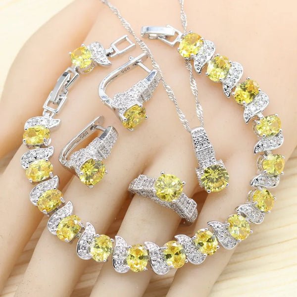 Yellow Zirconia Women with Bracelet Earrings Rings Necklace Pendant Bridal Jewelry Sets