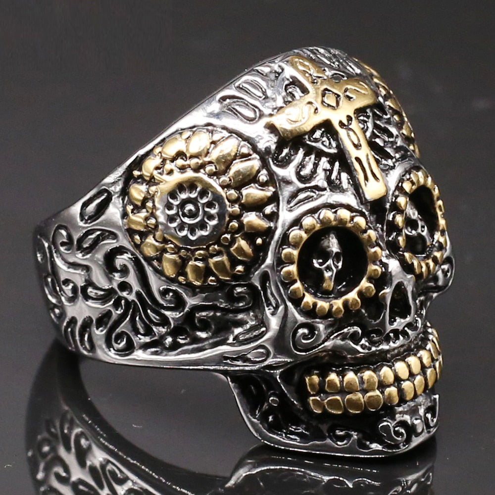 Gothic Gold Color Stainless Steel Skull Catacombs Biker Ring Men