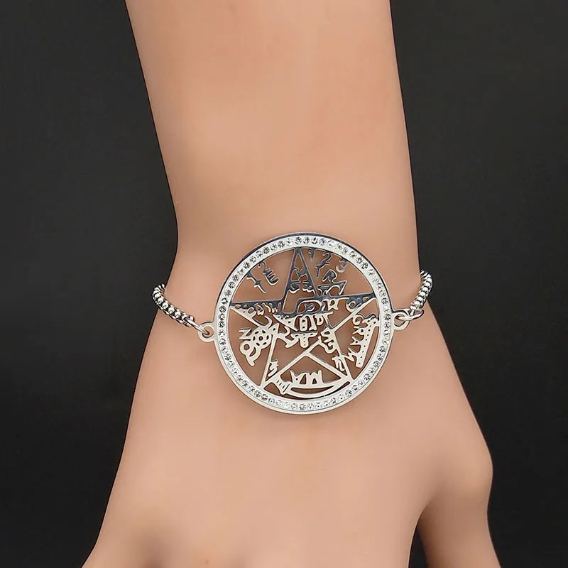 Witchcraft Tetragrammaton Protection Pentagram Crystal Stainless Steel Bracelet Women