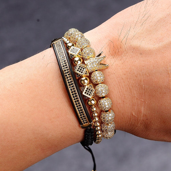 Luxury Men Bead Bracelet Jewelry Charm 6MM Micro Pave CZ Ball Macrame Handmade Bangles